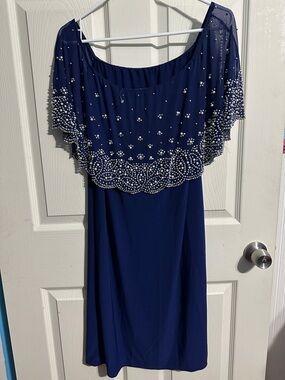 Embellished Royal Blue Midi Dress with Beaded Capelet